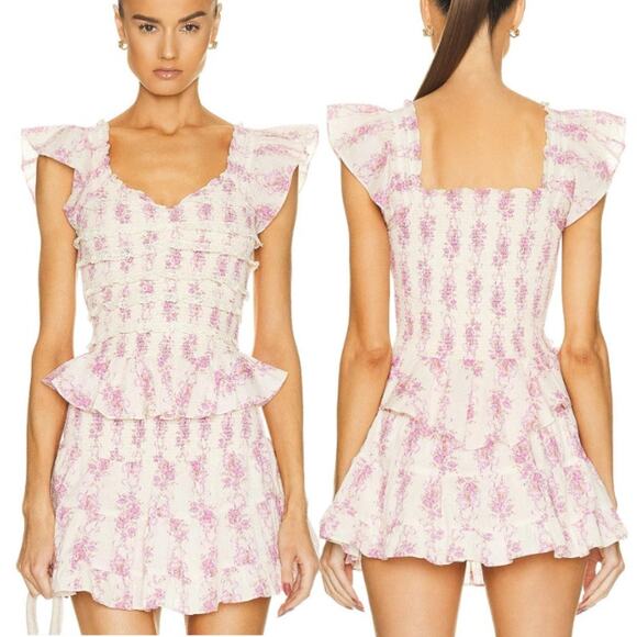 LoveShackFancy Tops - LoveShackFancy Floral Flutter Sleeve Compass Smocked Blouse Top Cream/Lilac S